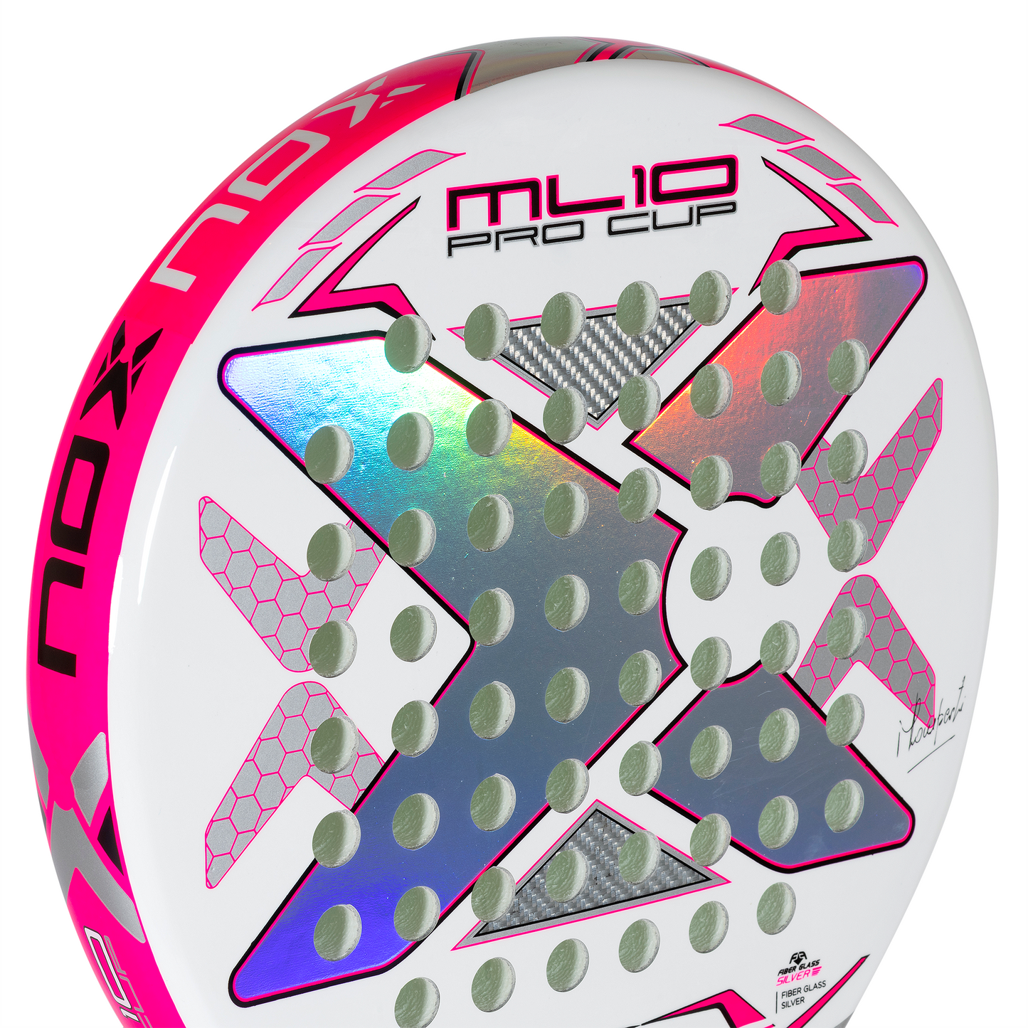 Close up of the top of the ML10 Pro Cup Silver 2023 padel racket on sale from thepadelshop.co.nz