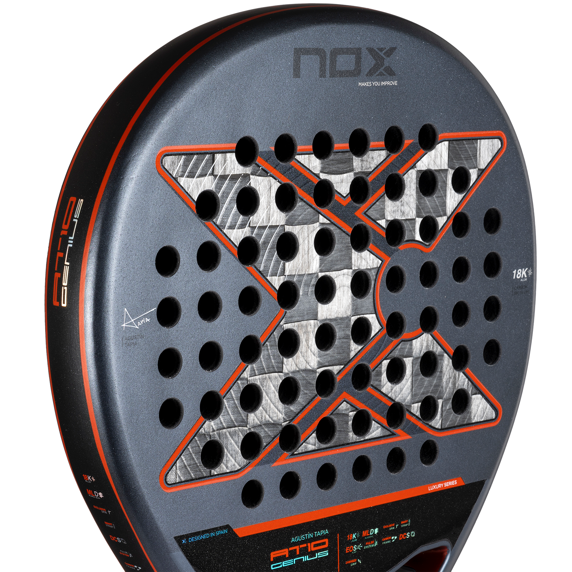 2025 NOX AT10 Luxury Genius 18K ALUM by Agustin Tapia Padel Racket - Close up on head Image