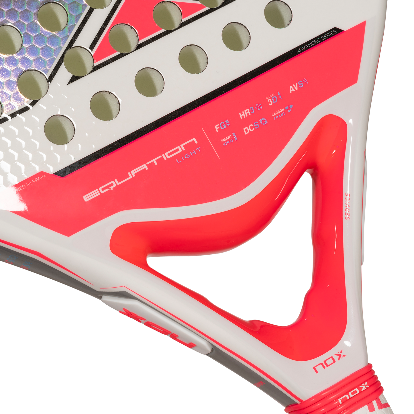 a close of the throat of the Nox Equation Lady Light Advanced padel racket 2024 on sale at thepadelshop.co.nz