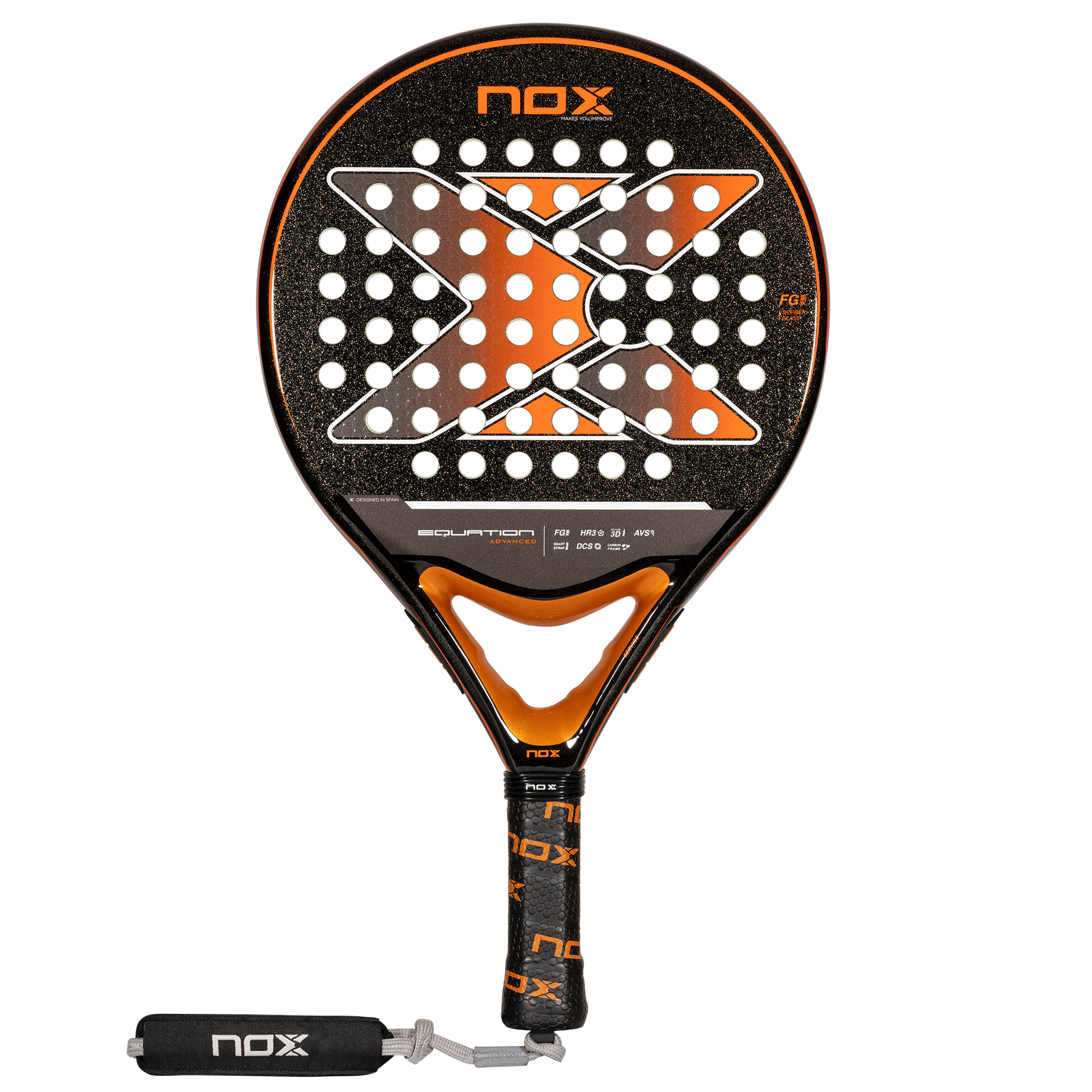 Face on image of the NOX Equation Advanced Orange Padel Racket 2024 available for at thepadelshop.co.nz