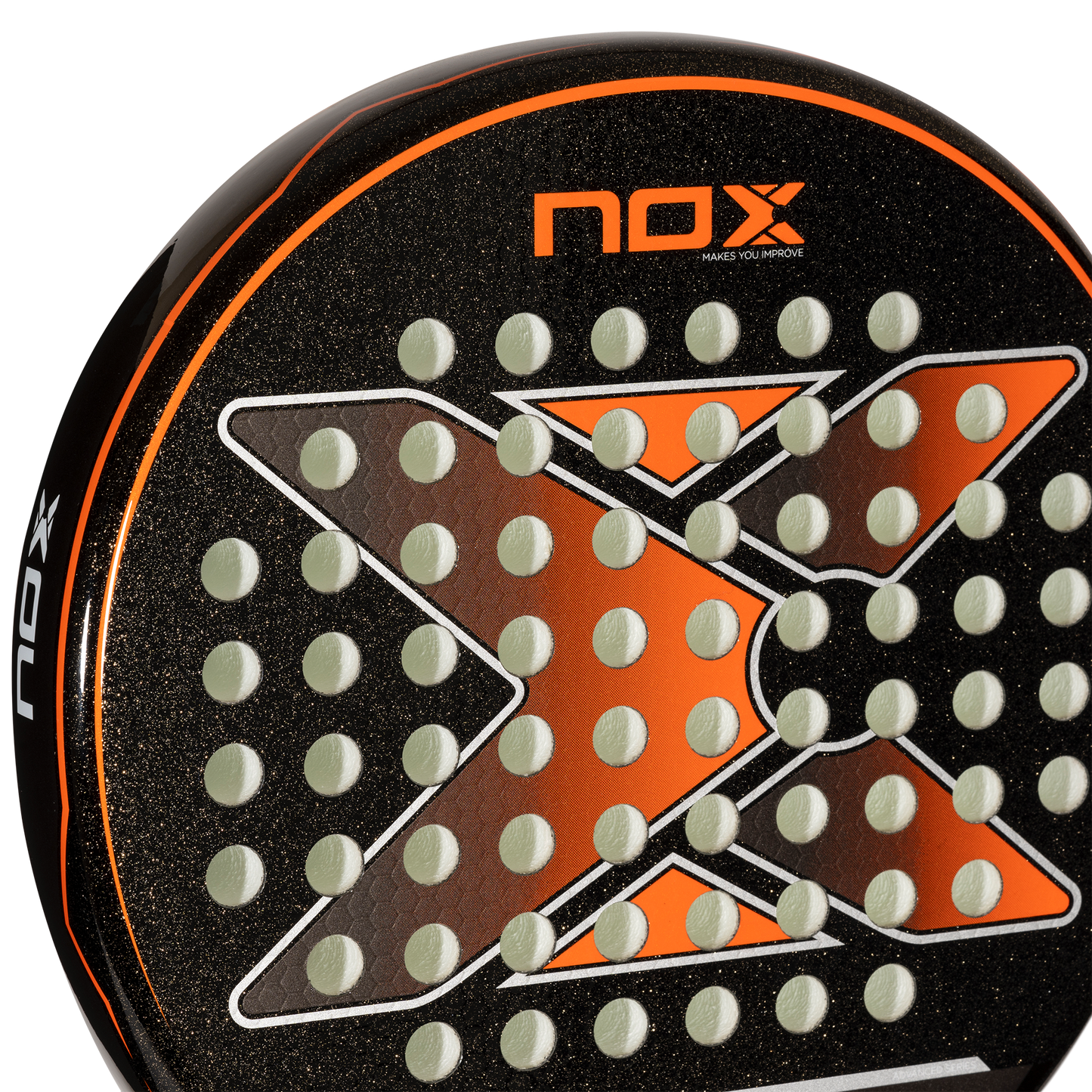 Close up of the face of the NOX Equation Advanced Orange Padel Racket 2024 available for at thepadelshop.co.nz