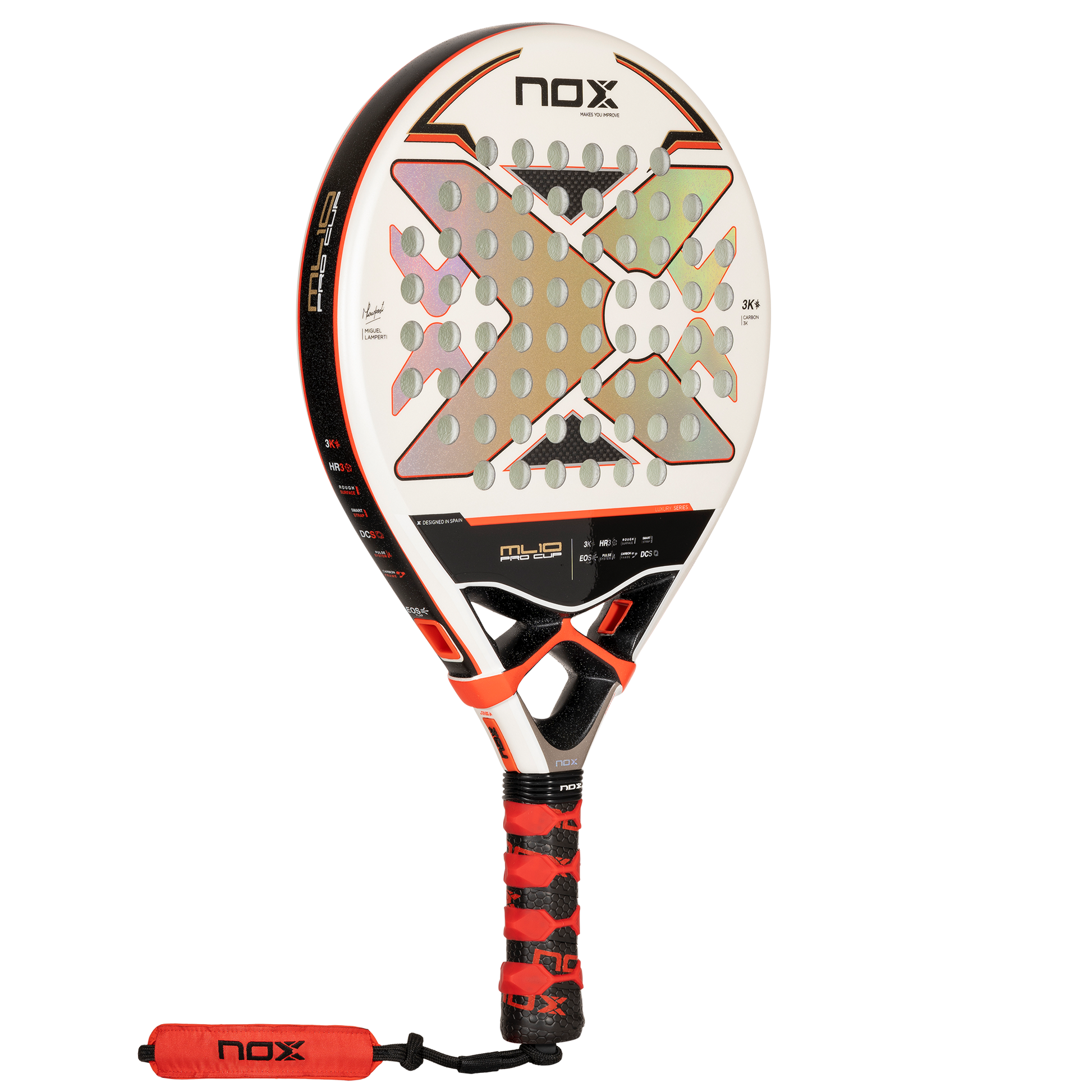Tilted view of NOX ML10 Pro Cup Luxury 2024 by Miguel Lamperti Padel racket New Zealand on sale at ThePadelShop.co.nz