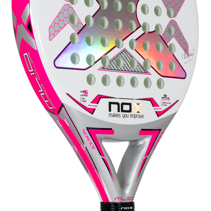 Close up of the Nox ML10 Pro Cup Silver padel racket on sale in new zealand from thepadelshop.co.nz